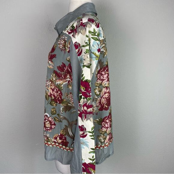 Soft Surroundings Gray Floral Beaded Button Front Long Sleeve Top Large - Picture 5 of 10